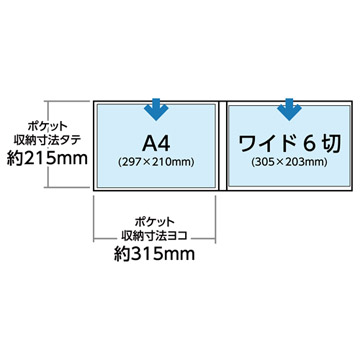 A4またはワイド6切サイズを収納可能。（ポケットサイズ約215×315mm）