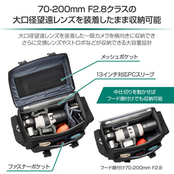 70-200mm F2.8クラスの大口径望遠レンズを装着したまま収納可能